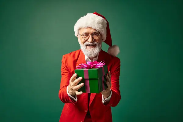 Elegant gut aussehender Weihnachtsmann posiert mit Geschenk in den Händen, der aufrichtig in die Kamera lächelt, winterliches Konzept — Stockfoto