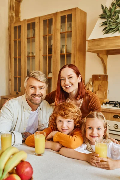 Довольная пара с очаровательными детьми, смотрящими в камеру рядом со свежими фруктами и апельсиновым соком на кухне — стоковое фото