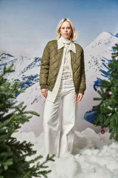 Stylische attraktive Frau mit blonden Haaren, die still steht und in die Kamera schaut, Wintermode — Stockfoto