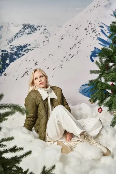 Beautiful fashionable woman in stylish attire sitting on snow with crossed legs, winter concept — Stock Photo