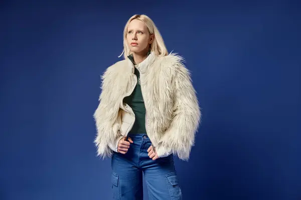 Dreamy and stylish blonde woman in faux fur jacket and denim jeans posing on blue backdrop — Stock Photo