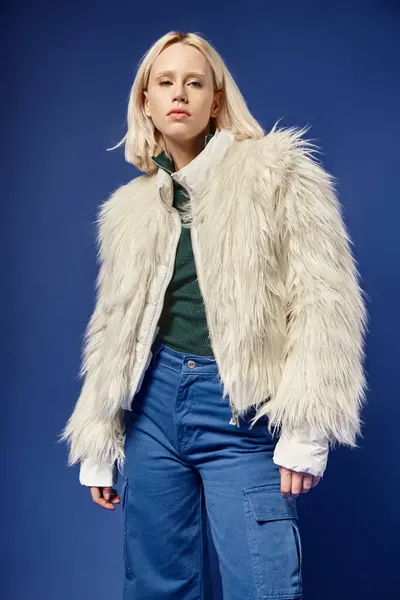 Winter fashion, attractive blonde woman in faux fur jacket and denim jeans posing on blue backdrop — Stock Photo