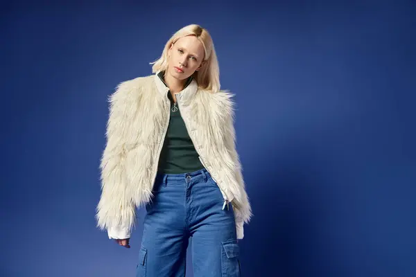 Winter style, attractive young woman in faux fur jacket and denim jeans posing on blue backdrop — Stock Photo