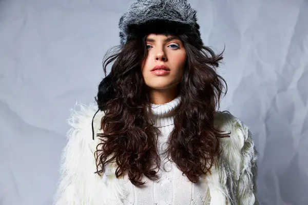 Кудрявая женщина в искусственной меховой шляпе и белом свитере смотрит в камеру на сером фоне, зимняя красота — стоковое фото