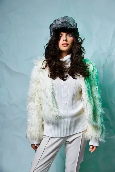 Стильная брюнетка в белом искусственном меховом пиджаке, зимней шляпе и свитере позирует на сером фоне — стоковое фото