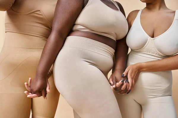 Vista recortada de más tamaño y mujeres con curvas en ropa interior cogidas de la mano en beige, positividad corporal - foto de stock