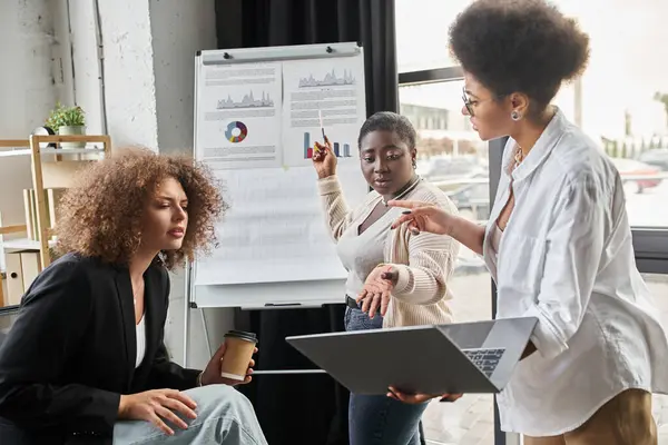 Equipe criativa de mulheres de negócios multiétnicas falando perto de laptop e flip chart no escritório, inicialização — Fotografia de Stock