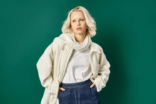 Mulher loira elegante em jaqueta branca e saia jeans posando com as mãos em bolsos em turquesa — Fotografia de Stock