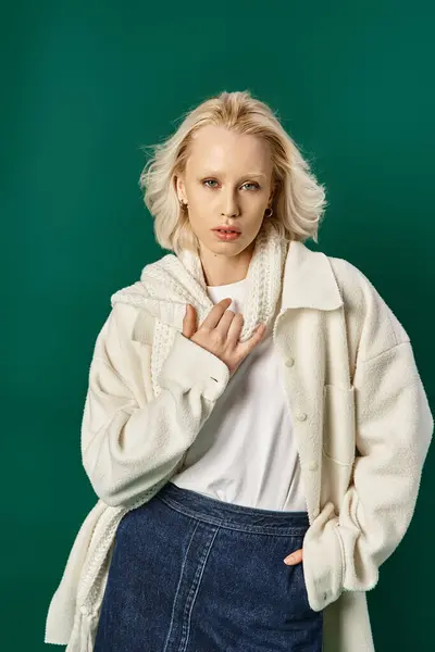 Молодая блондинка в белой куртке и джинсовой юбке позирует с рукой в кармане на бирюзовом — стоковое фото