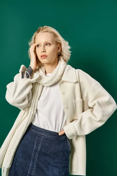 Татуированная блондинка в белой куртке и джинсовой юбке позирует на бирюзовом фоне, зимняя мода — стоковое фото