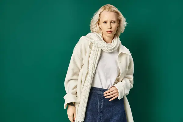 Mulher loira e elegante em jaqueta branca e saia jeans posando em turquesa, moda inverno — Fotografia de Stock