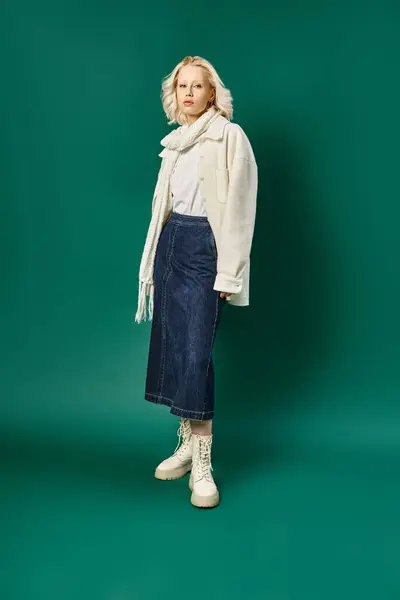 Полная длина, женщина в белой куртке и джинсовой юбке позируя на бирюзовом фоне, зимняя мода — стоковое фото