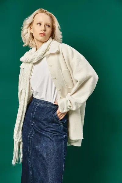 Donna bionda ed elegante in giacca bianca e gonna in denim in posa su turchese, moda invernale — Foto stock