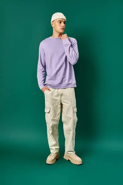 Full length of tall man in beanie and purple sweatshirt posing with hand in pocket on turquoise — Stock Photo
