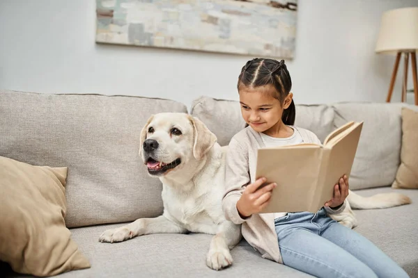 Fröhliches Mädchen sitzt auf Sofa und liest Buch neben Labrador im modernen Wohnzimmer, tierischer Begleiter — Stockfoto