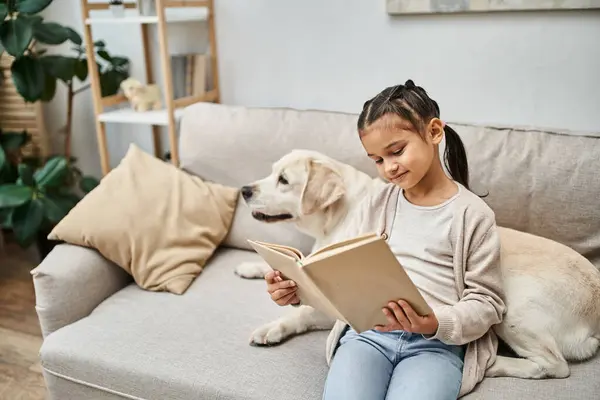 Bambino felice seduto sul divano e libro di lettura vicino labrador in soggiorno moderno, compagno di animali — Foto stock