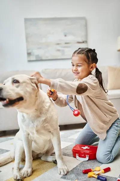 Glückliches Kind in Freizeitkleidung, spielender Arzt mit Labrador im modernen Wohnzimmer, Spielzeug-Stethoskop — Stockfoto
