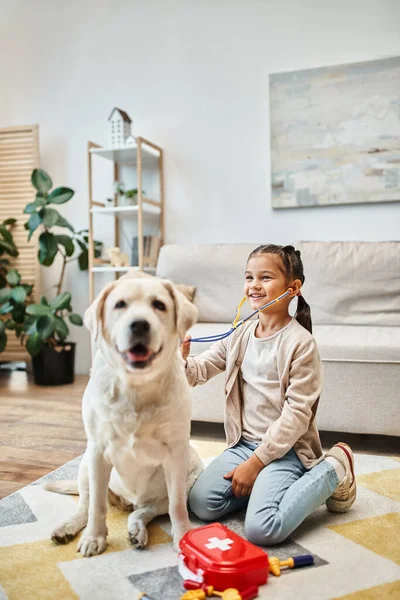 Enfant heureux en tenue décontractée jouer médecin avec labrador dans le salon moderne, stéthoscope jouet — Photo de stock