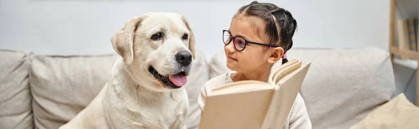 Радісна дівчина в повсякденному одязі і окулярах читає книгу для лабрадора собаки у вітальні, банер — стокове фото