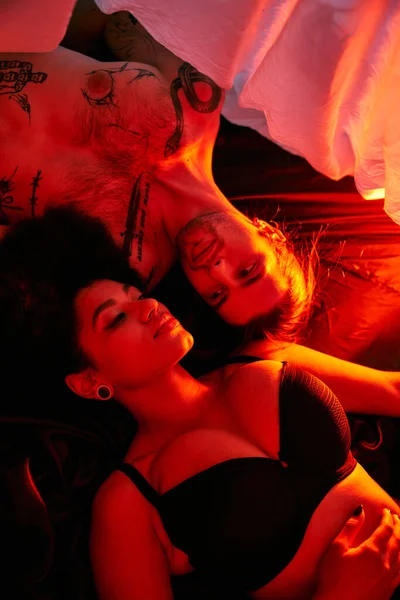 Attractive multicultural couple lying sensually together under bedsheet surrounded by lights — Stock Photo