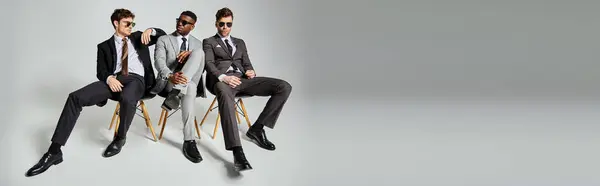 Beaux hommes interracial avec des lunettes de soleil en vêtements intelligents assis sur des chaises sur fond gris, bannière — Photo de stock