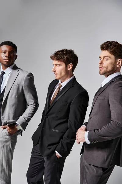 Appealing stylish multicultural male models in business elegant smart suits posing on gray backdrop — Stock Photo