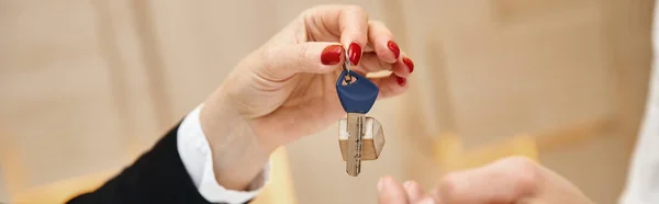 Closed up banner of cropped realtor giving key from new house to client in real estate office — Stock Photo