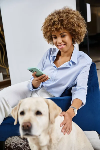Улыбающаяся африканская американка со смартфоном, сидящая рядом с лабрадором в холле отеля для животных — стоковое фото