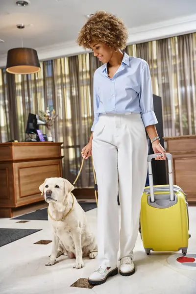 Viajero con su labrador en un lobby de hotel que acepta mascotas, sonriente mujer afroamericana con perro - foto de stock