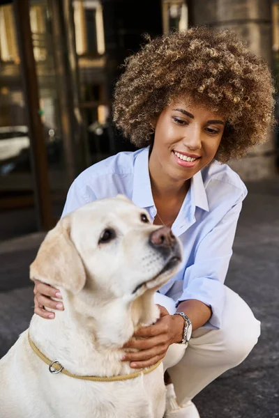 Gaie et bouclée femme afro-américaine câlinant labrador devant un hôtel acceptant les animaux de compagnie — Photo de stock