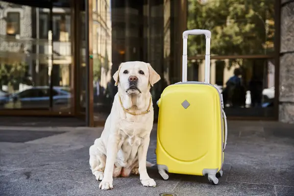 Lindo labrador sentado junto a equipaje amarillo cerca de la entrada de un hotel que acepta mascotas, concepto de viaje - foto de stock