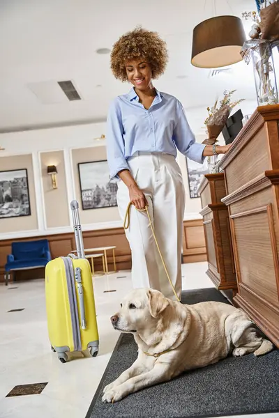 Femme afro-américaine joyeuse avec son labrador check-in dans un hôtel acceptant les animaux de compagnie à la réception — Photo de stock