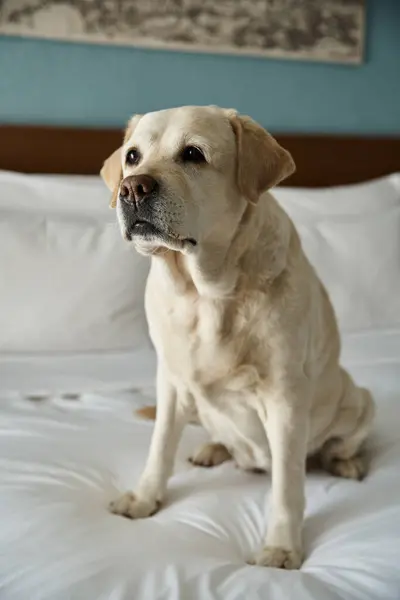 Милий білий лабрадор, що сидить на білому ліжку в готельному номері для домашніх тварин, супутник тварин і подорожей — стокове фото