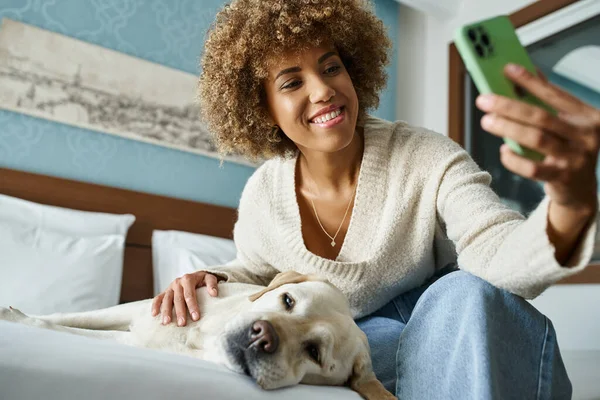 Feliz afro-americana tomando selfie com labrador em uma cama em um quarto de hotel pet-friendly — Fotografia de Stock