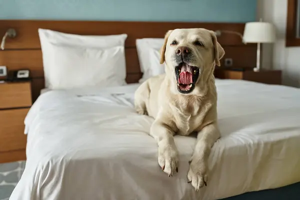Labrador blanco bostezando mientras está acostado en una cama blanca en una habitación de hotel que acepta mascotas, compañero de animales - foto de stock