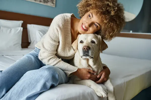 Ricci felice donna africana americana sorridente mentre coccola labrador in pet-friendly camera d'albergo — Foto stock