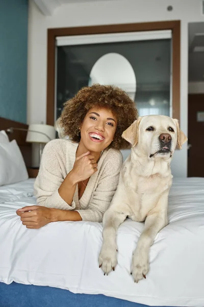 Весела афроамериканська жінка з її лабрадором лежить на ліжку в готелі, дружній до домашніх тварин, подорожі — стокове фото