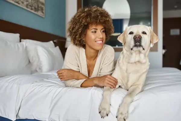 Joyeuse femme afro-américaine avec son labrador couché sur un lit dans un hôtel acceptant les animaux de compagnie, Voyage — Photo de stock