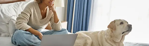 Banner recortado de mulher afro-americana trabalhando em laptop perto labrador na cama em um quarto de hotel — Fotografia de Stock