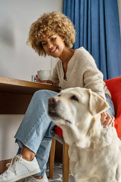 Happy and curly african american woman enjoys coffee near labrador in a pet-friendly hotel — Stock Photo