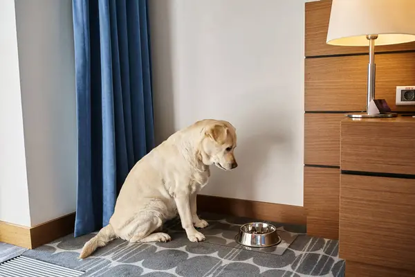 Cute labrador dog sitting and looking at bowl with pet food in a room at a pet-friendly hotel — Stock Photo