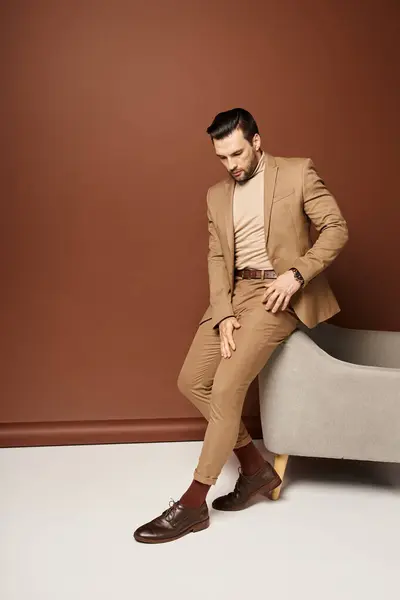 Eleganter und gut aussehender Mann im eleganten Anzug neben Sessel auf beigem Hintergrund stehend, smart lässig — Stockfoto