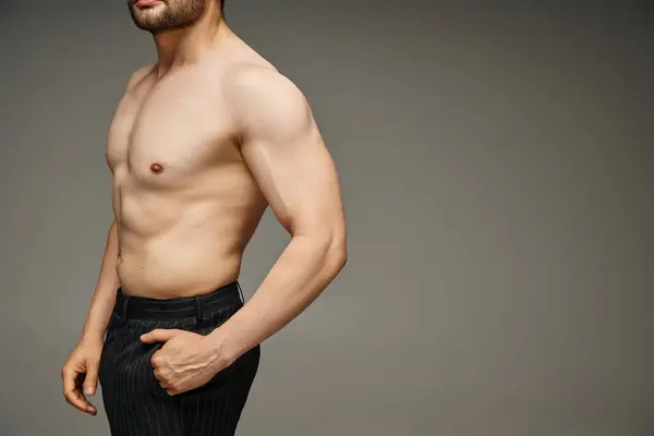 Cropped photo of shirtless man with bare chest posing in pinstripe pants on grey background — Stock Photo