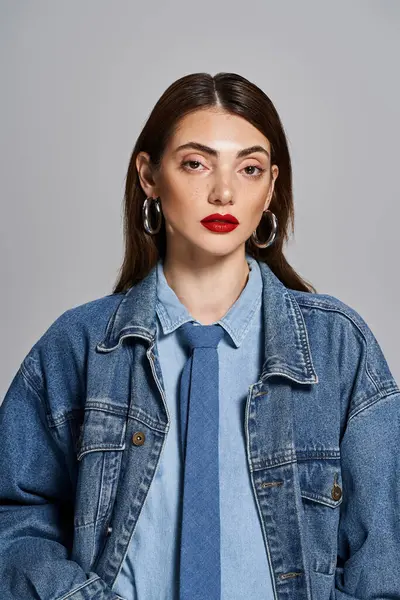 A young Caucasian woman with brunette hair exudes confidence in a stylish denim shirt and tie. — Stock Photo