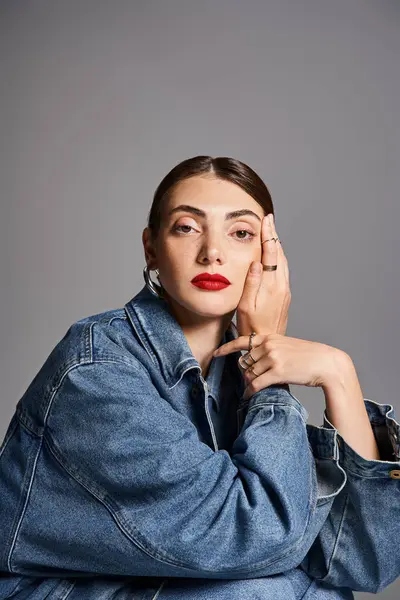 A young Caucasian woman with brunette hair and red lips poses confidently in a jean jacket for a portrait. — Stock Photo
