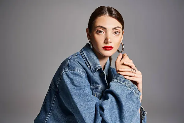 A young Caucasian woman with brunette hair in a stylish jean jacket and bold red lipstick. — Stock Photo