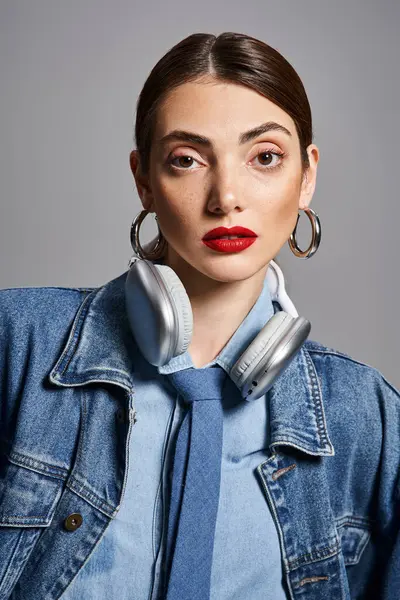 Young Caucasian woman, brunette hair, red lips wearing denim jacket, listening to music on headphones. — Stock Photo