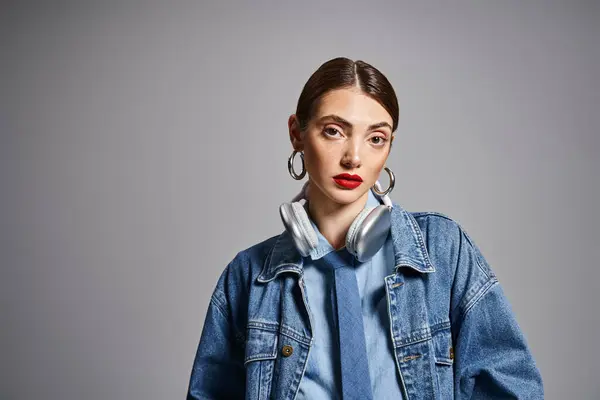 Eine junge Kaukasierin mit brünetten Haaren, Jeansjacke und Ohrringen, die Stil und Selbstbewusstsein ausstrahlt. im Kopfhörer — Stockfoto
