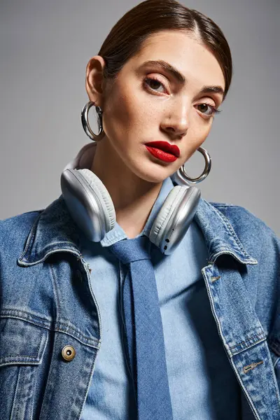 Молода кавказька жінка з брюнеткою волоссям в навушниках і джинсовою курткою. — стокове фото