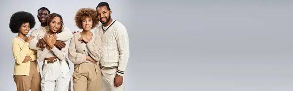 Banner of cheerful african american people in casual attire standing on grey background, Juneteenth — Stock Photo